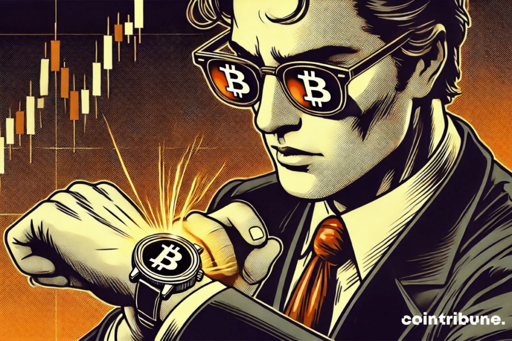 Un expert financier en costume sombre examine intensément sa montre ornée du symbole Bitcoin, ses lunettes reflétant également le logo de la cryptomonnaie. En arrière-plan, un graphique boursier montre une tendance haussière, le tout dans un style bande dessinée des années 70 aux teintes orange, noir et blanc.