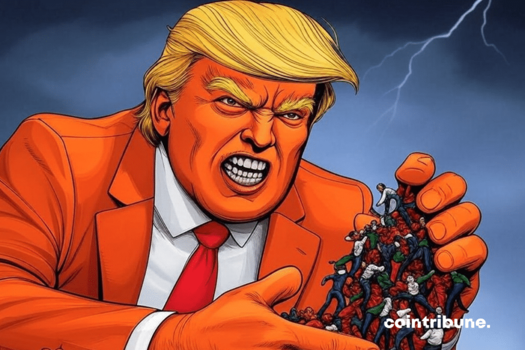 Une illustration satirique montrant Donald Trump en costume orange tenant dans sa main une foule de petits personnages, sur fond d'orage avec des éclairs.