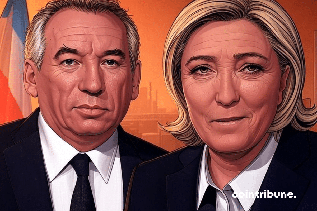 Portrait of two French politicians in dark suits against an orange background