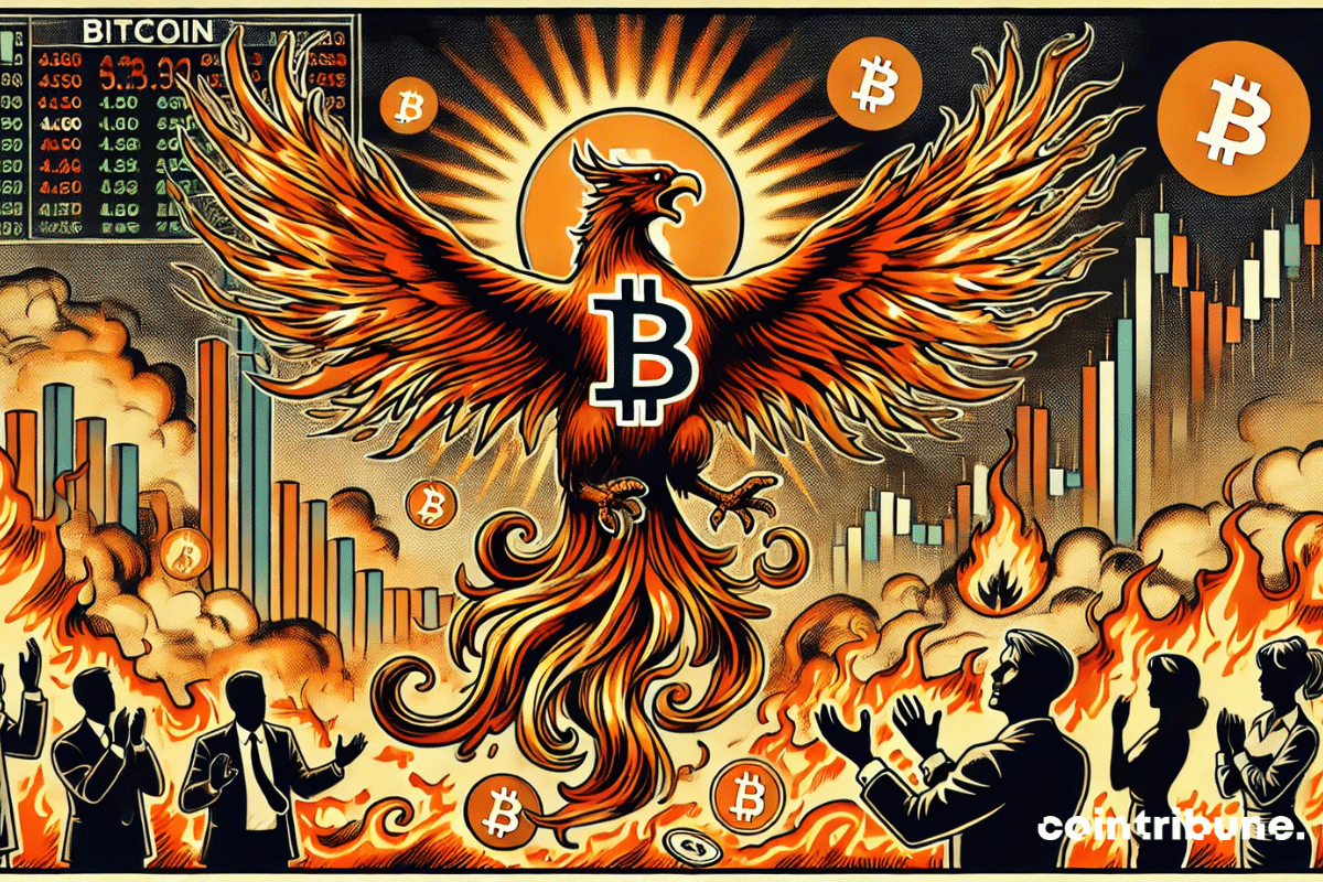 Bitcoin metamorphoses into a phoenix as happy traders look on.