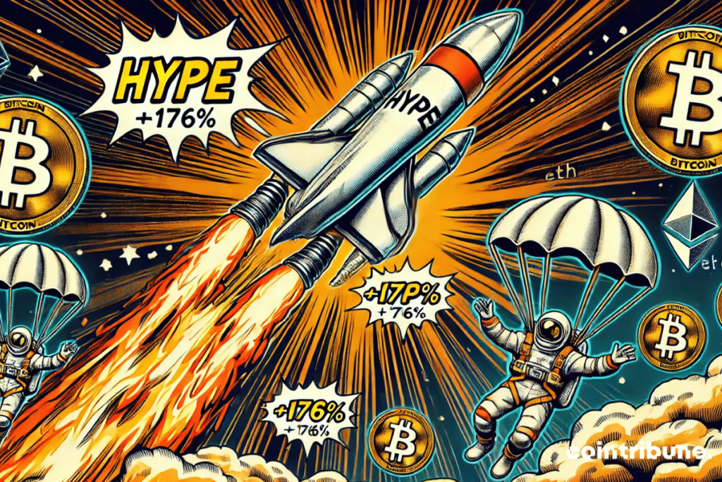 HYPE rocket and Bitcoin and Ethereum parachutes