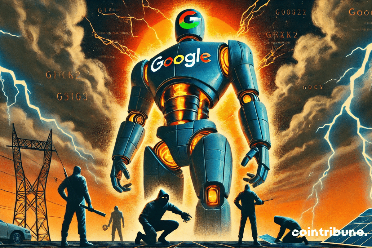 Giant Google robot under an electric sky