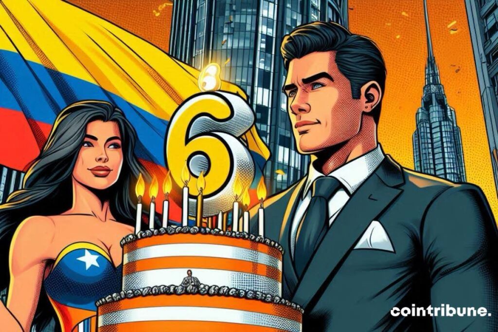 A man in a suit and a woman in colored clothes celebrates her birthday with a cake decorated with number 6, in front of Colombian flag and modern skyscrapers in the background.