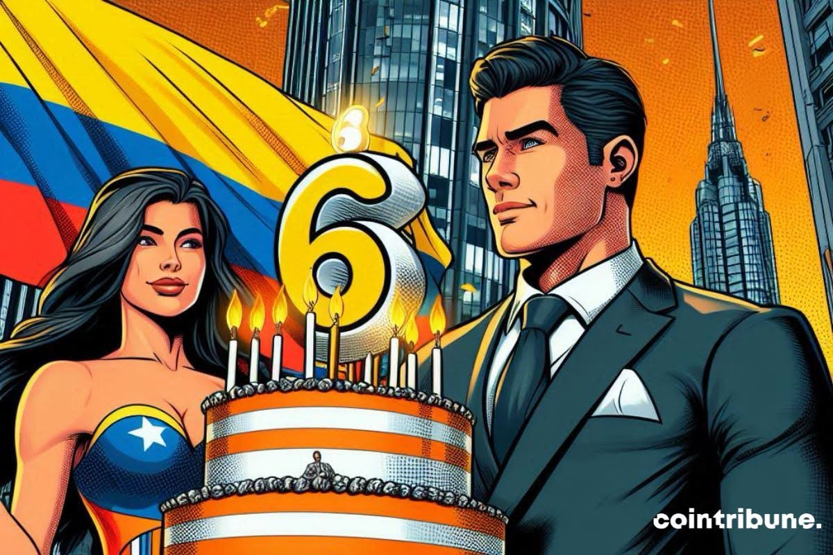 A man in a suit and a woman in a colorful outfit celebrate a birthday with a cake decorated with the number 6, in front of a Colombian flag and modern skyscrapers in the background.