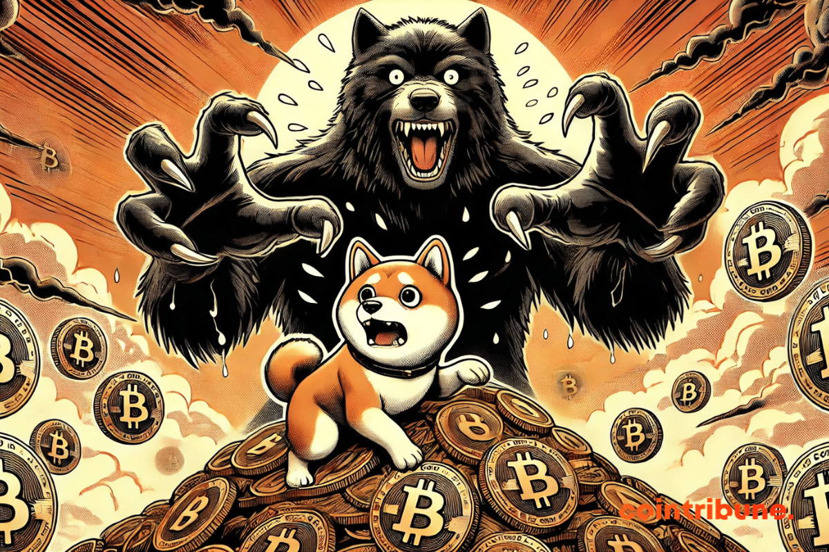 Shiba Inu sentado sobre un montón de criptomonedas amenazadas por un oso