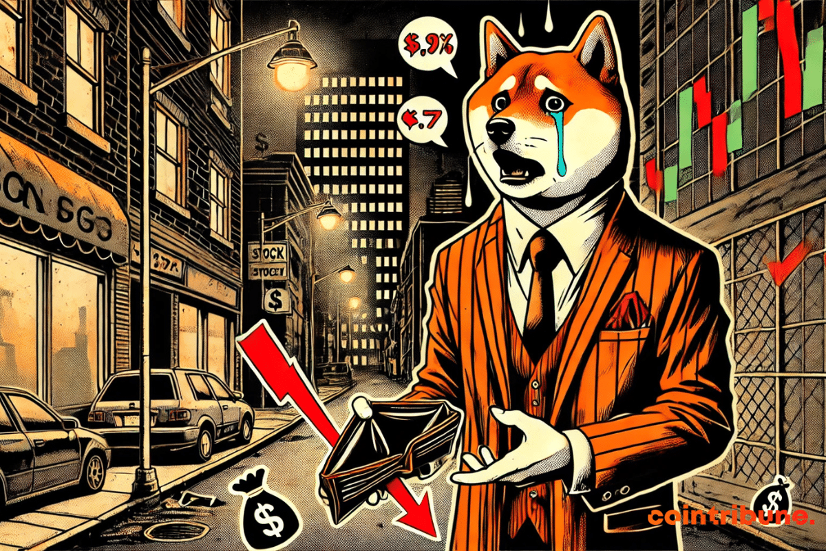 Anthropomorphic Shiba Inu dog in panic on a ruined street