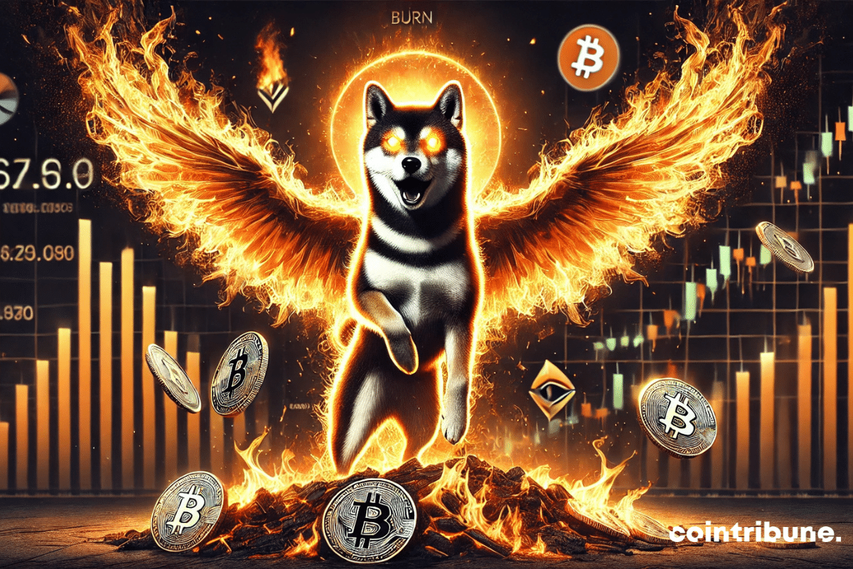 Shiba Inu se transformant en phœnix et entouré de graphiques et cryptos