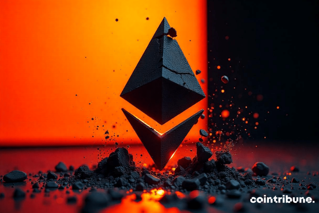 Illustration d'un grand logo ethereum en 3D qui s'écroule et prend le devant de la scène. L'arrière-plan doit être orange et noir. Le logo ethereum doit être vif, sur le point de s'effondrer, nous voyons de grandes fissures sur lui, comme s'il était sur le point de s'effondrer.