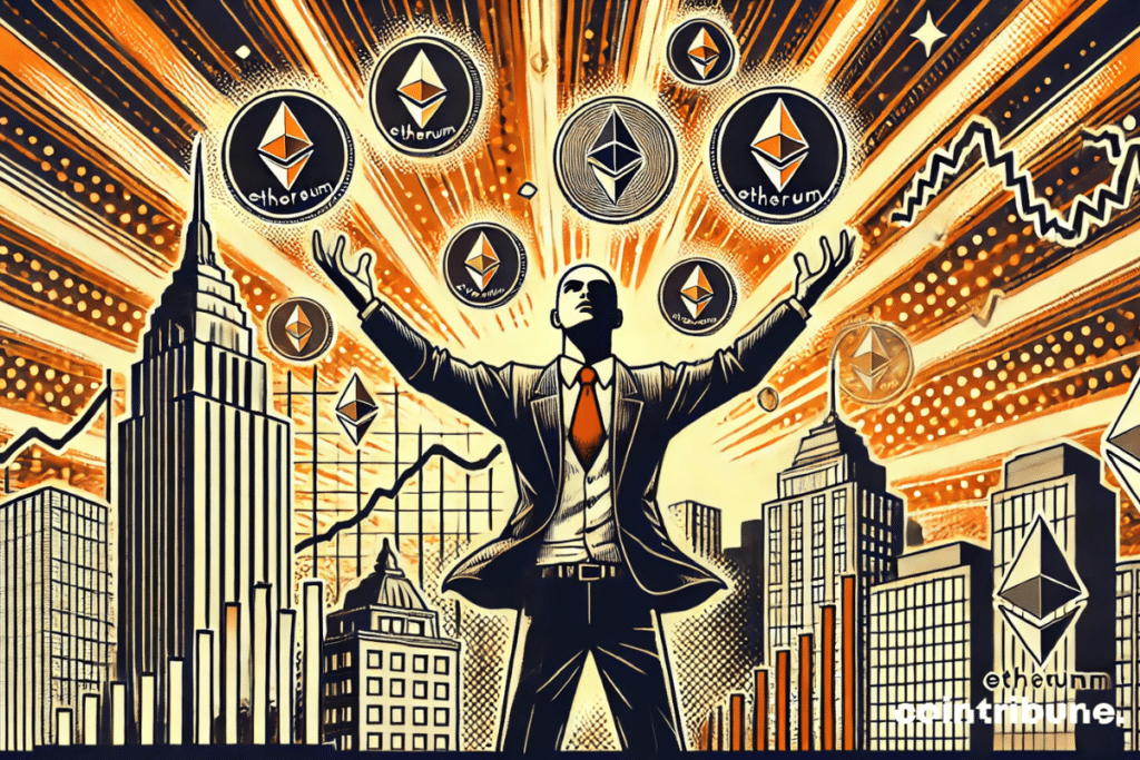 Crypto: market euphoria with a man in a suit raising his arms under a rain of Ethereum tokens.