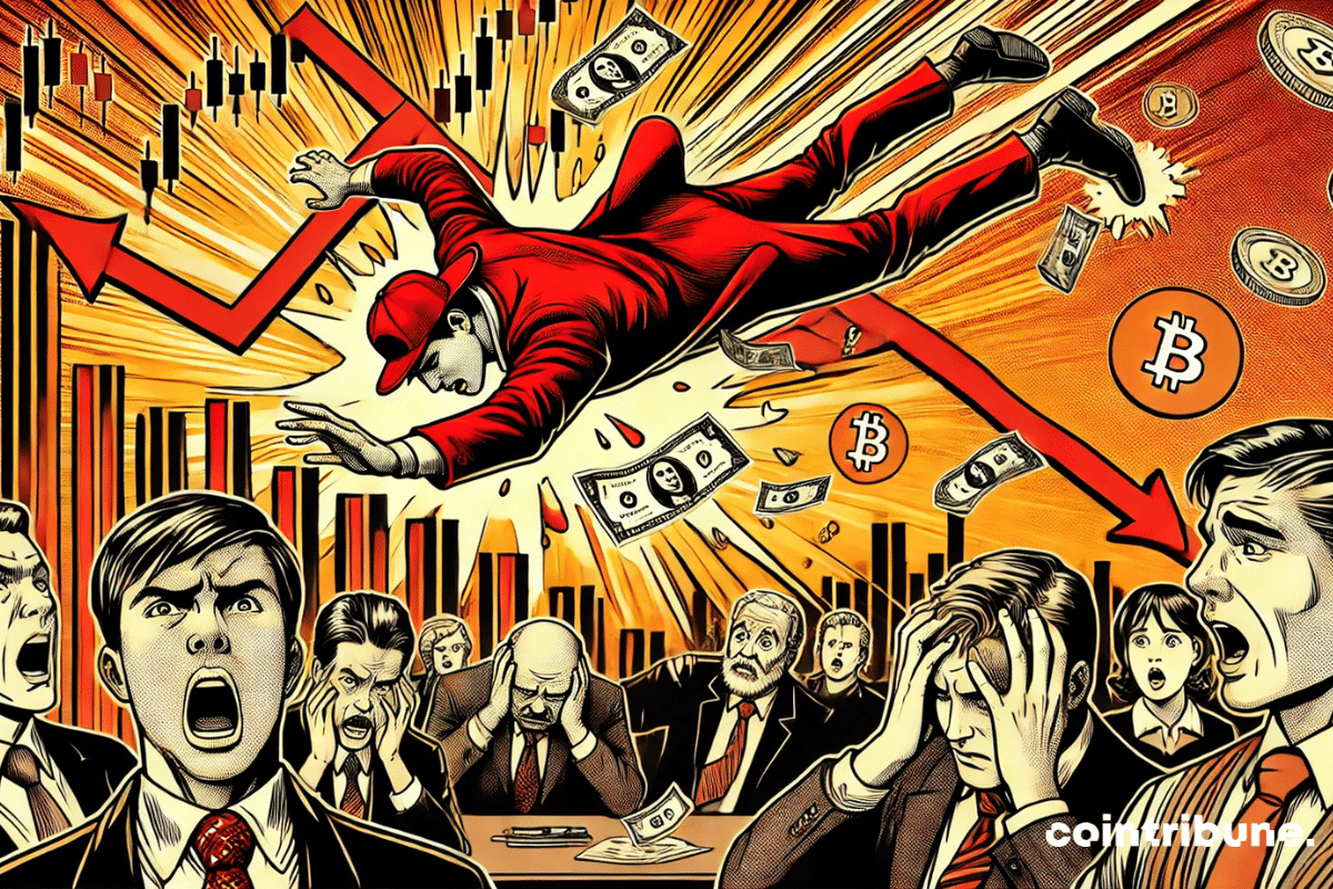 Crypto : La chute spectaculaire d’un personnage avec casquette rouge, symbolisant l’effondrement financier, sous le regard choqué des investisseurs, ce qui symbolise l'effondrement du memecoin Trump.