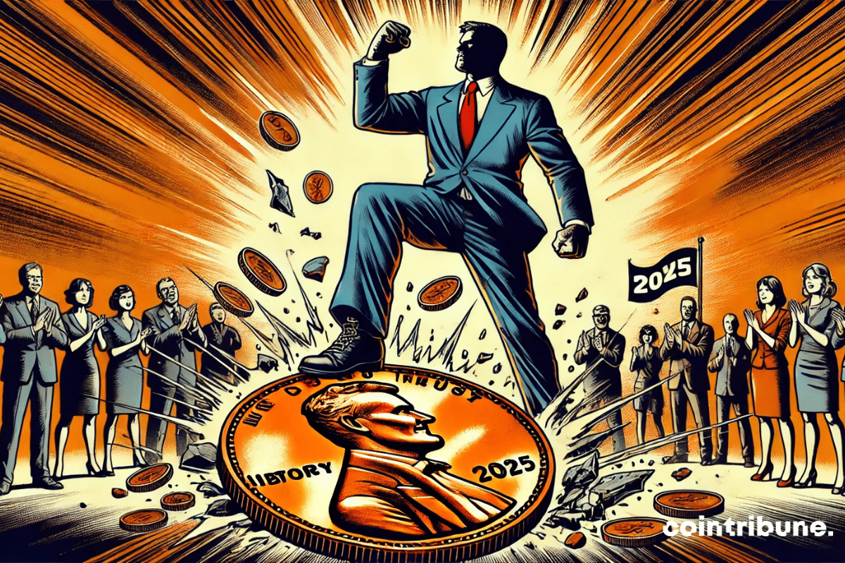 A towering businessman crushing a giant penny, with a divided crowd in the background, symbolizing Trump’s decision.