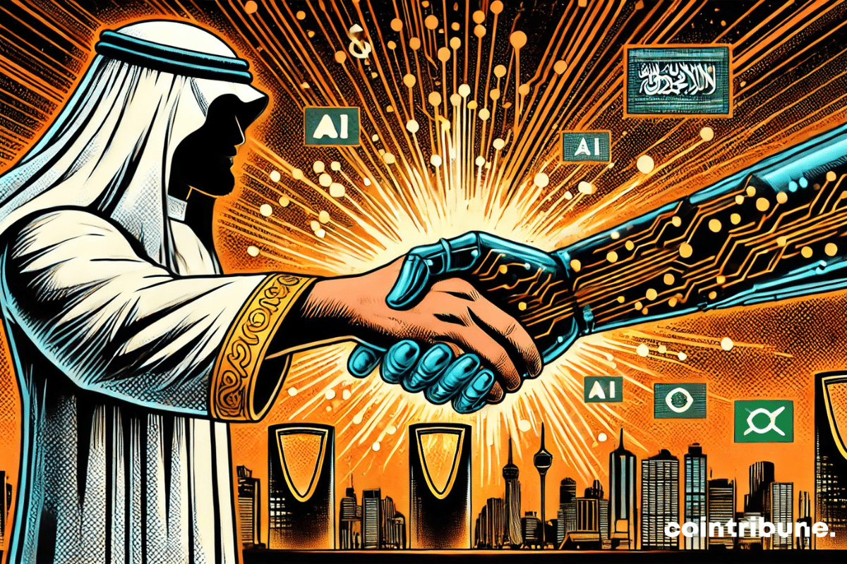 The futuristic handshake symbolizes the partnership between Saudi Arabia and the tech giants. The energy and data flows around highlight the impact of this collaboration on AI and the Cloud.