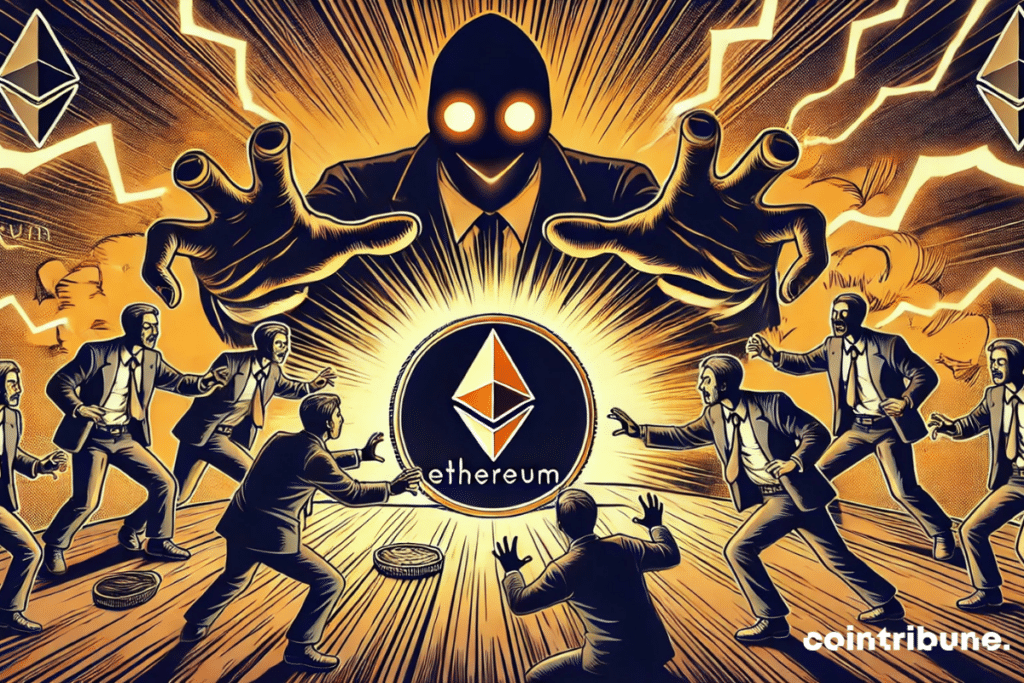 Crypto: Ethereum surrounded by threatening hedge funds, with dramatic tension heightened by light and shadows. The energy around the coin symbolizes its resistance against attacks.