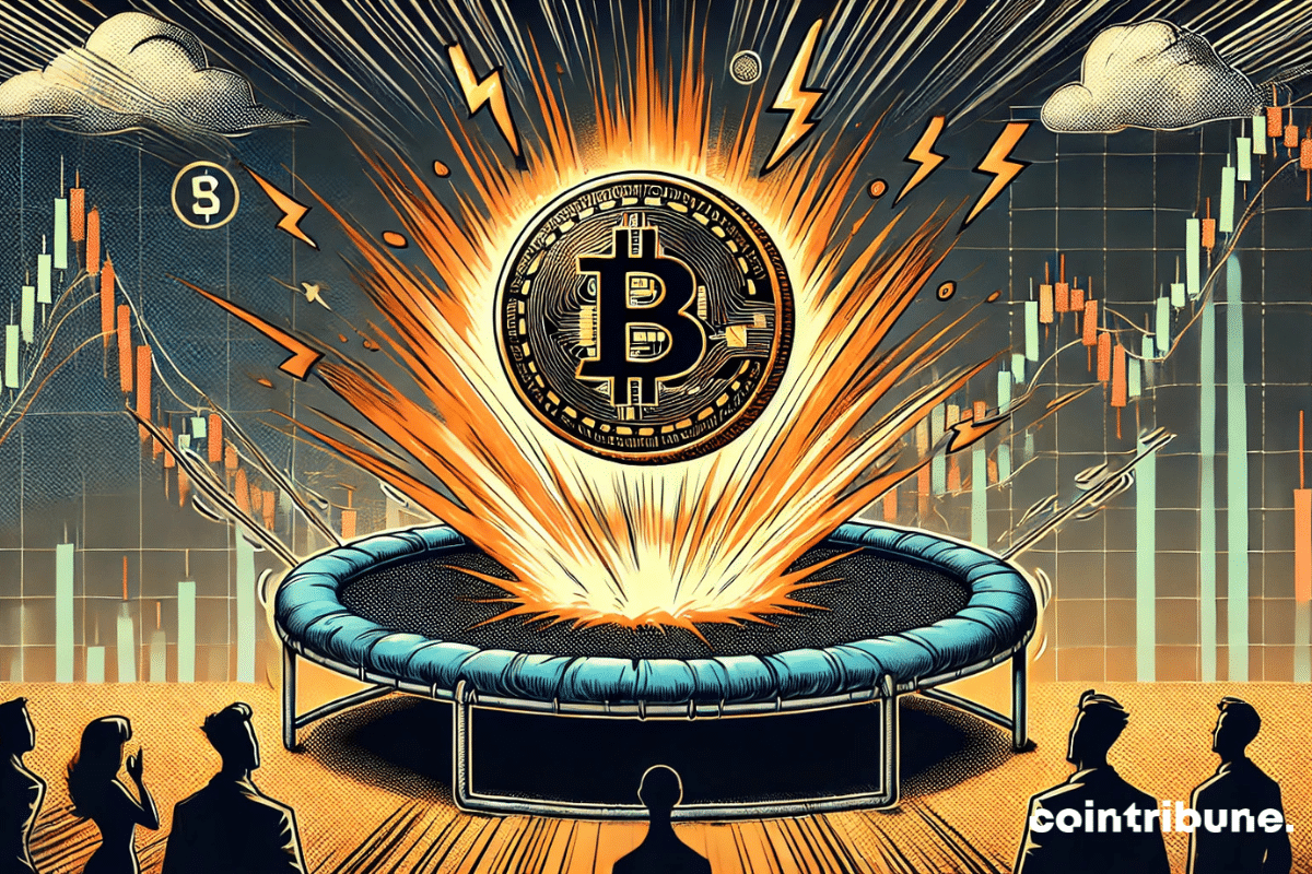 Bitcoin's rebound on a cracked financial trampoline, symbolizing its unstable ascent. The dramatic atmosphere and shadows in the background reflect market concerns.