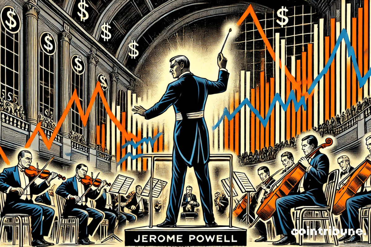 Jerome Powell, like a conductor, leads chaotic stock market curves with his baton. The trader-musicians, in panic, try to follow as a line plunges dramatically. The dark atmosphere of the concert hall and the strong contrasts enhance the tension of the scene, symbolizing interest rates and the fall of the dollar.