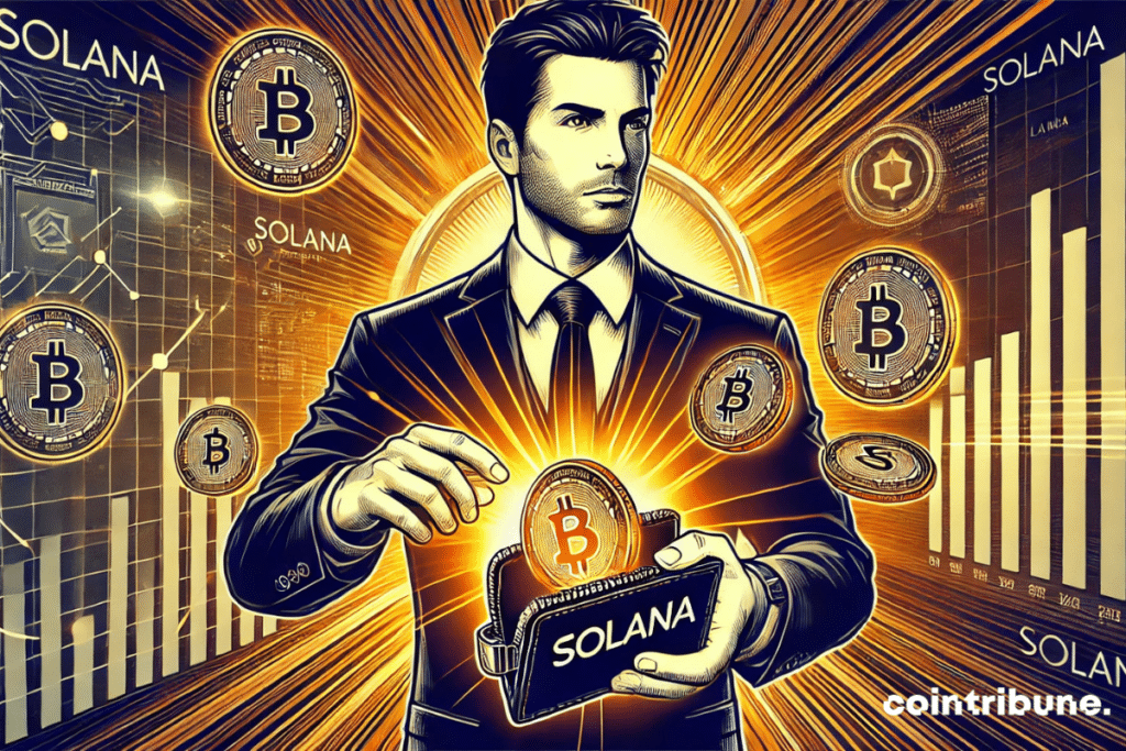 Crypto: A businessman (Templeton) holding a digital wallet filled with floating Solana tokens.