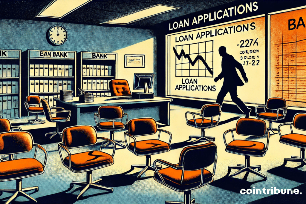 Real estate loans and consumption in France: an empty bank with unoccupied chairs and loan files abandoned on desks. A silhouette leaving the agency symbolizes households’ reluctance to borrow, reinforced by a gloomy atmosphere and a declining graph.