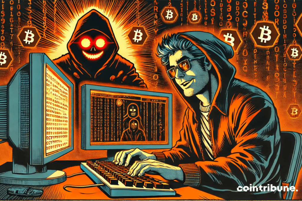 El hacker cómplice de la IA maliciosa, sumergido en una atmósfera oscura y tecnológica, capta perfectamente la amenaza invisible que acecha a la criptografía.