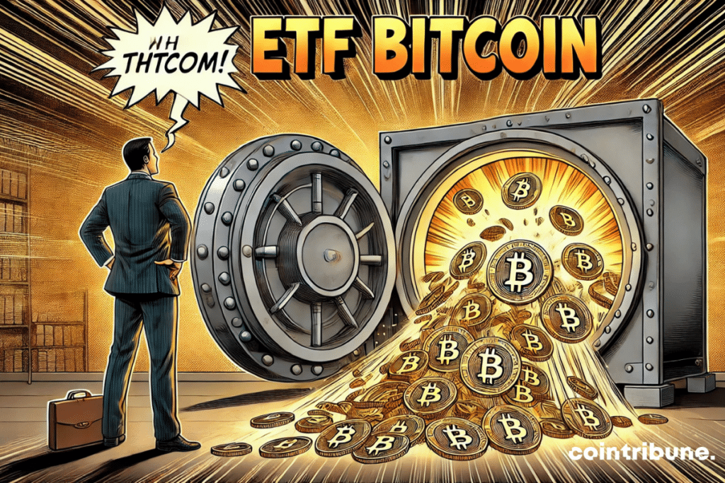 Bitcoins escape en masse under the shocked gaze of a powerless investor, symbolizing the ETF fund withdrawals.