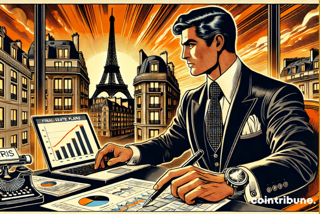 Real estate strategist in his luxury office and analyze his investments and investments in France with a view of Paris.