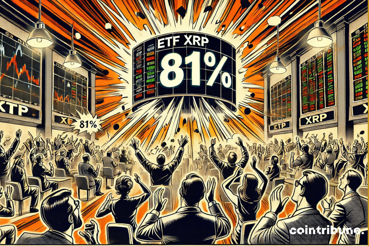 Cripto : la sala de trading en plena efervescencia, con las pantallas mostrando '81%' y la emoción palpable de los traders, simbolizando la solicitud de aprobación de un ETF de XRP.