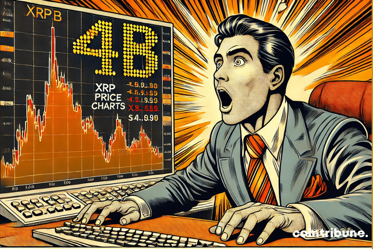 Cripto : un trader atónito frente a la pantalla que muestra “4B” y la subida fulgurante de XRP