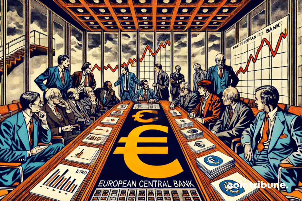 Une réunion tendue à la BCE mettant en scène des officiels de l'Europe en pleine discussion sur la dette.