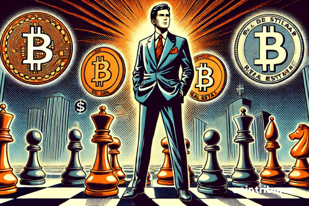 Robert Kiyosaki as a master strategist in front of a giant chessboard symbolizing Bitcoin, the dollar, and real estate. The image perfectly captures the strategic aspect and financial reflection !