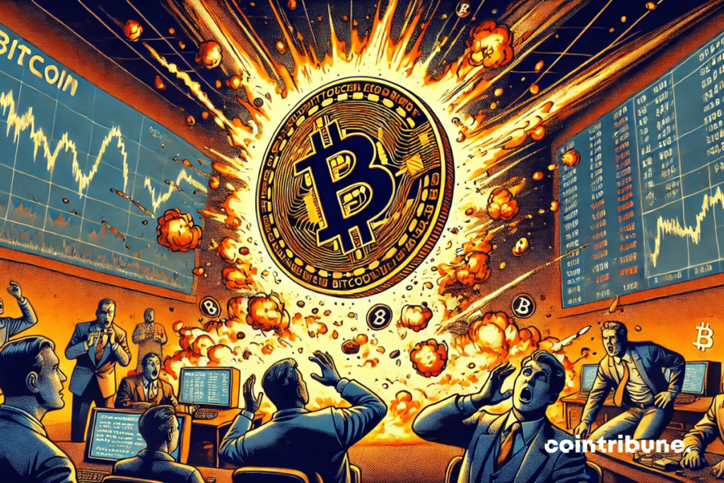 Bitcoin (BTC) in free fall, surrounded by flames, with panic traders in the background!