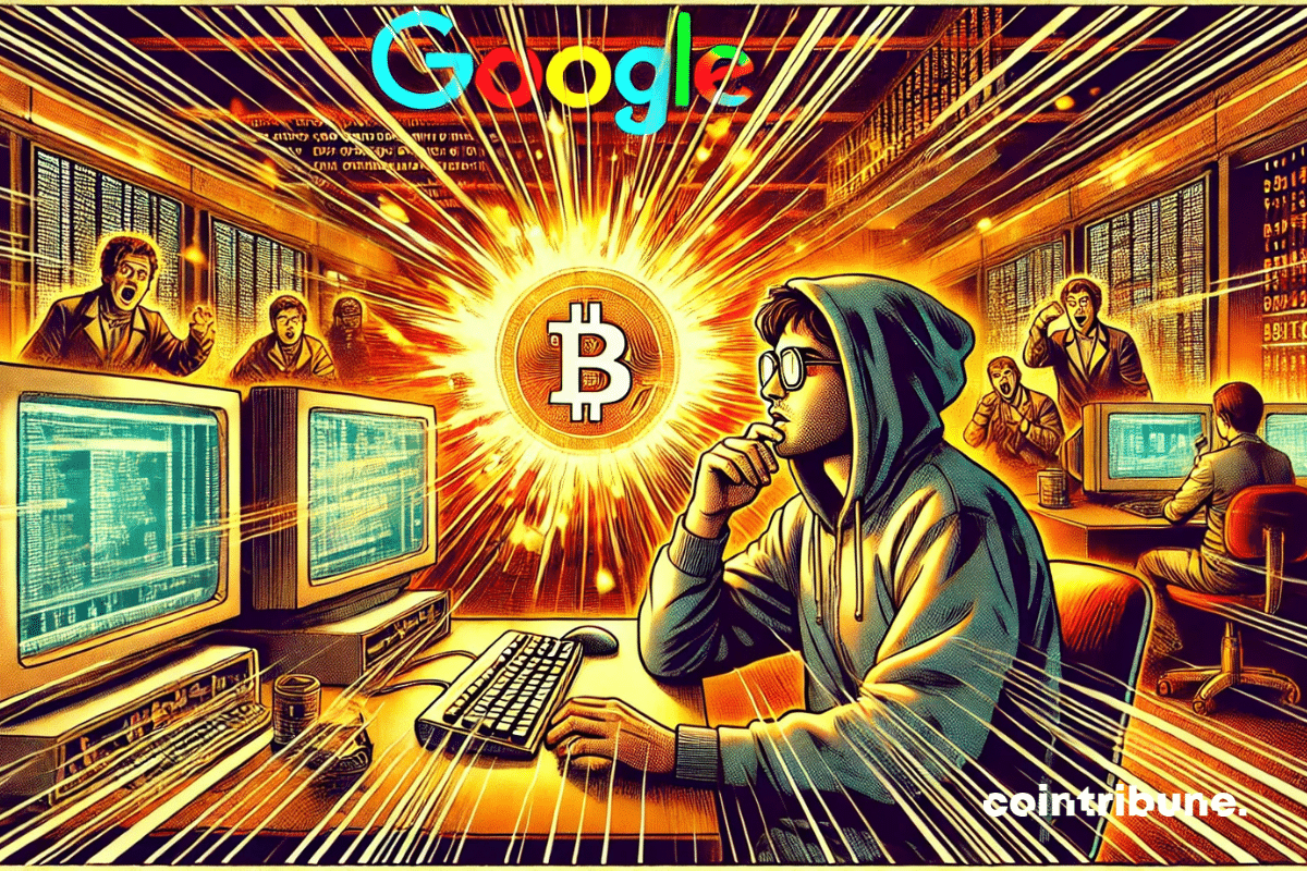 L'explosion numérique du logo Google fusionnant avec Bitcoin, illuminant le développeur sous le choc.