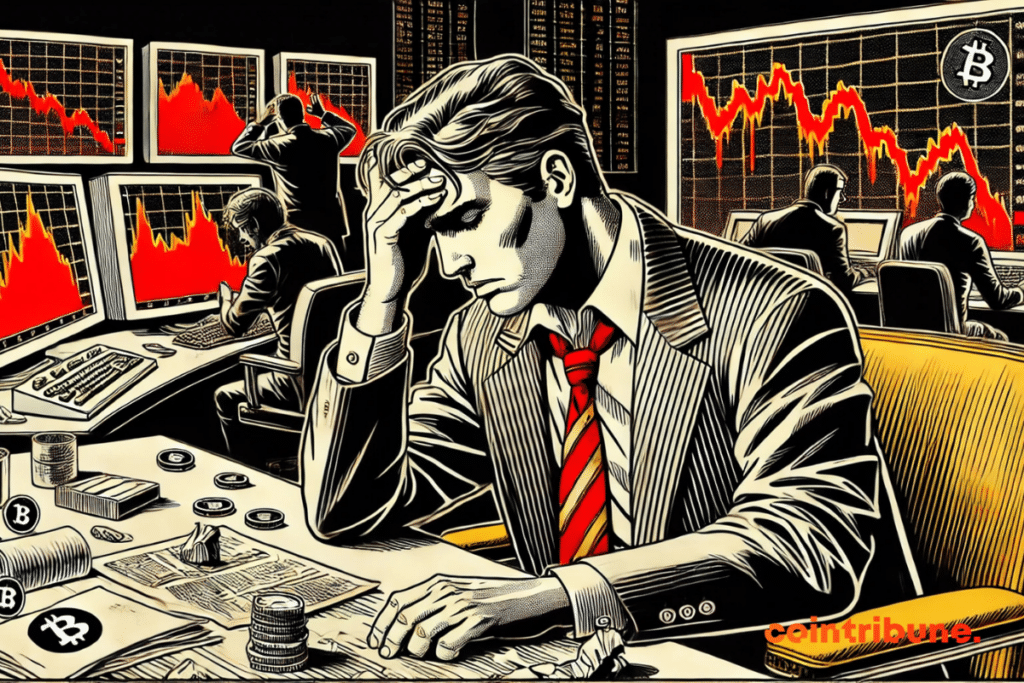 Dramatic atmosphere of crypto crash (bitcoins and altcoins) with an anxious trader