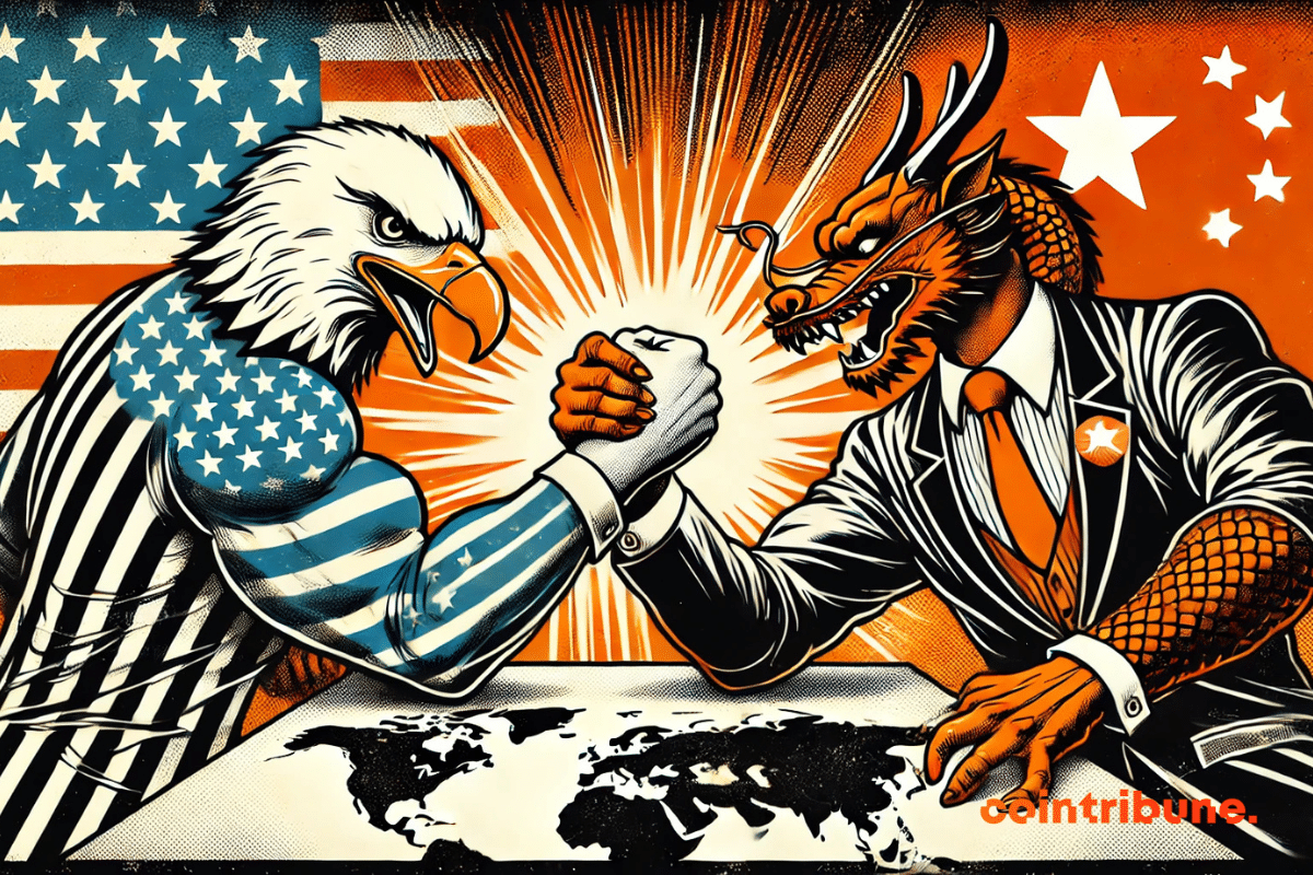 BRICS : an epic showdown between an anthropomorphic eagle representing Trump's USA and an anthropomorphic dragon embodying China, each dressed in the colors of their respective flags.