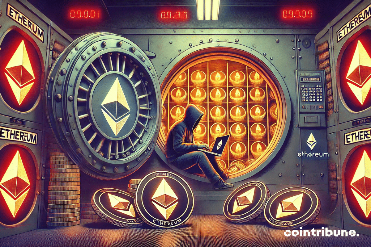 Cripto : la sala de la bóveda de un banco, llena de tokens de Ethereum (ETH), con un hacker oculto en las sombras en pleno ciberatraco contra Bybit.