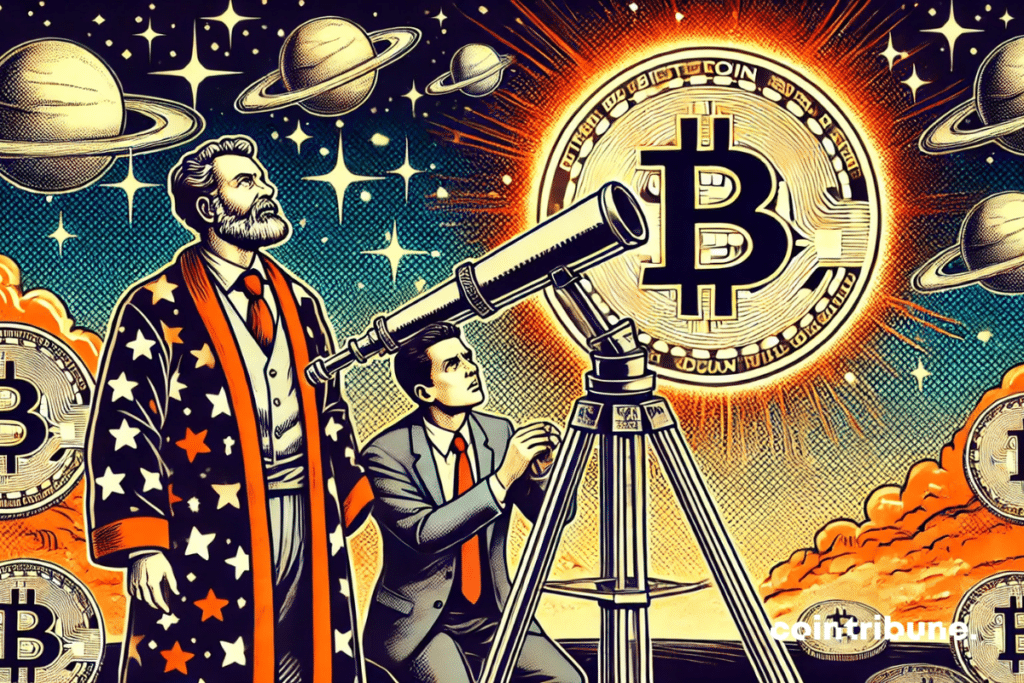 A fascinated astrologer and a worried investor observe through a telescope a planetary alignment forming the Bitcoin symbol.