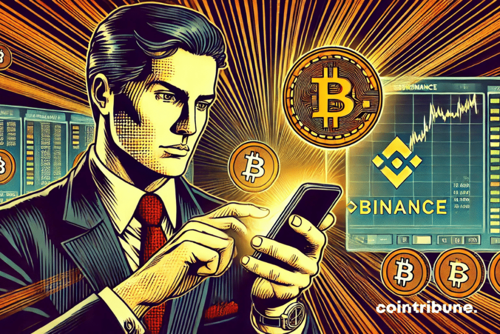 The man who performs binance transactions with his smartphone shows only crypto symbols such as bitcoins and binance coin.