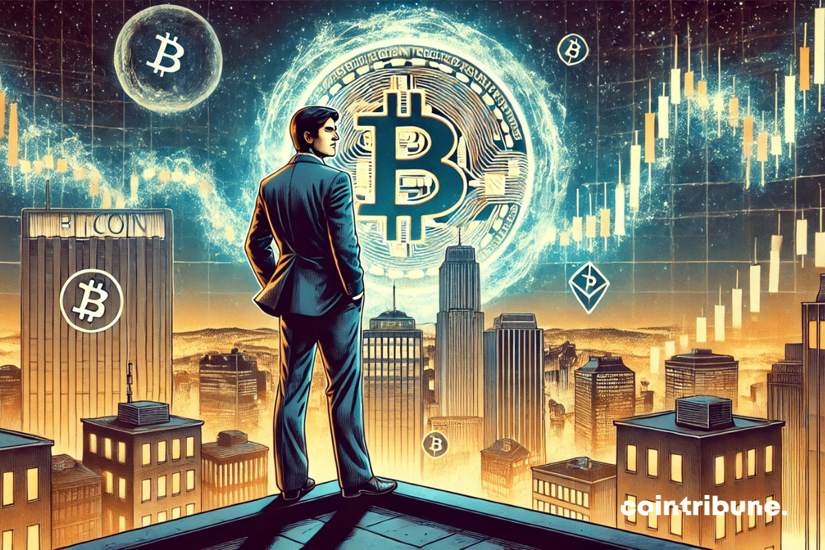 A man in a dark suit overlooking the futuristic city, with Bitcoin's energy ready to be unleashed, symbolizing the collapse of volatility.