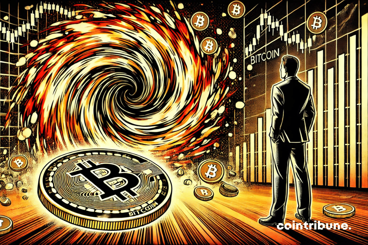 A motionless Bitcoin on the ground, surrounded by a whirlwind of glowing capital, while a trader hesitates to step into this financial spiral, symbolizing the increase in capital.