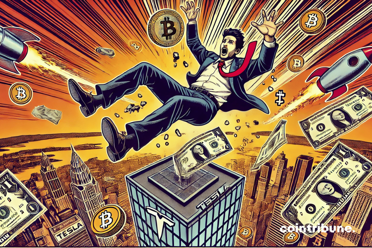 A businessman (Musk) in free fall, trying to catch a Bitcoin and a Tesla-inspired logo, symbolizing a financial collapse.