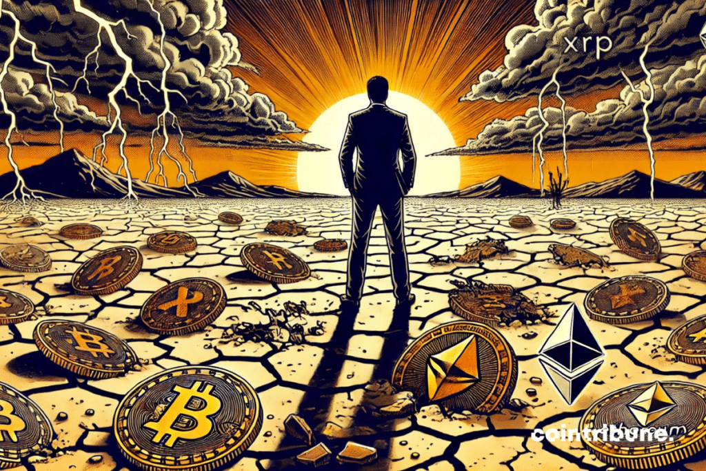 Crypto: a man in a dark suit in a desert landscape littered with cracked altcoins, contemplating the rare golden coins under a ray of sunlight.