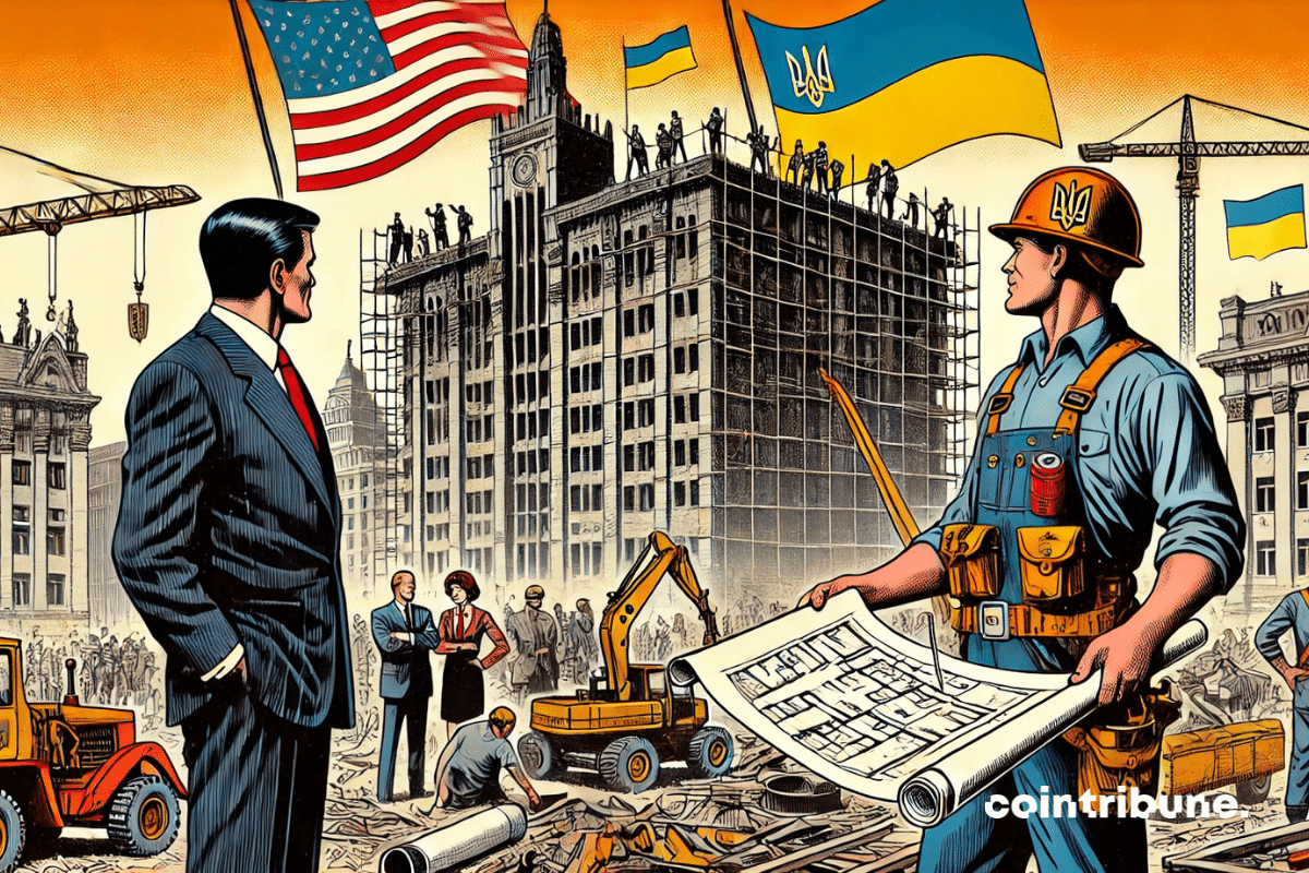 La reconstruction en Ukraine, avec des ingénieurs et investisseurs des États-Unis observant les travaux sous les drapeaux américain et ukrainien.