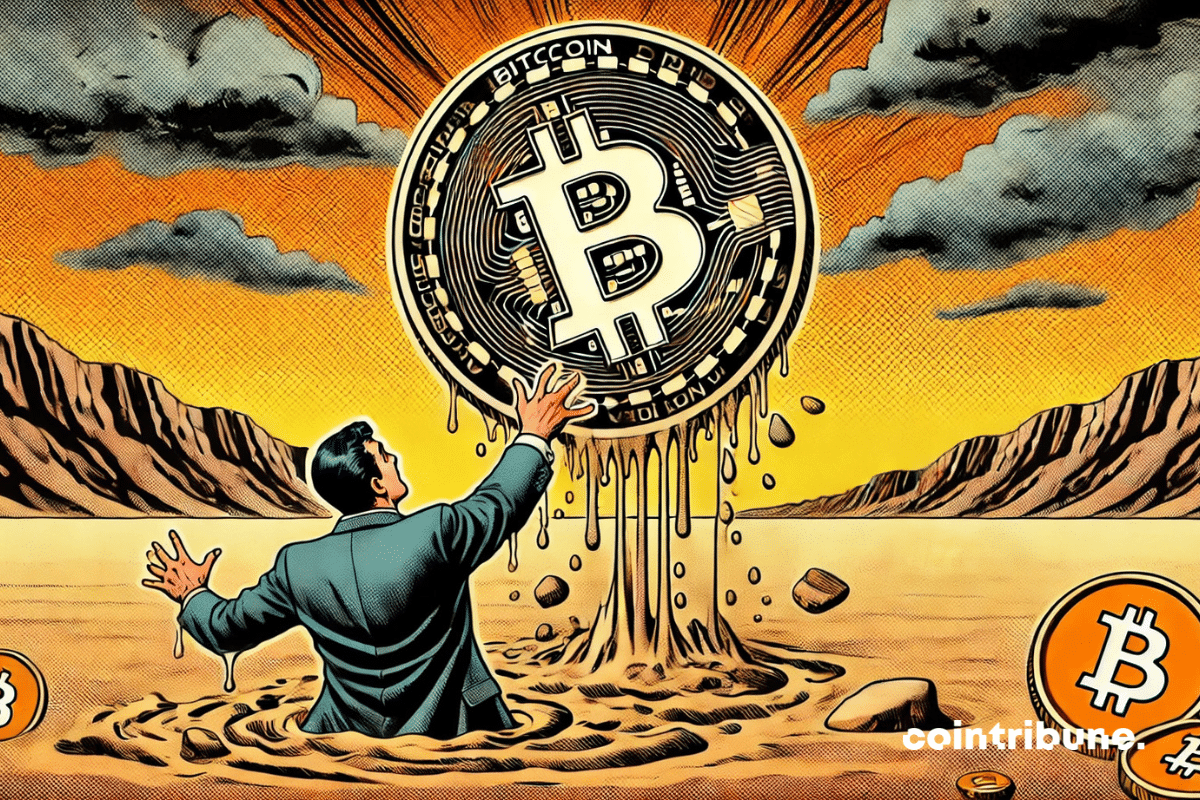 El bitcoin se hunde en arenas movedizas y un inversor en ETF intenta desesperadamente alcanzarlo.