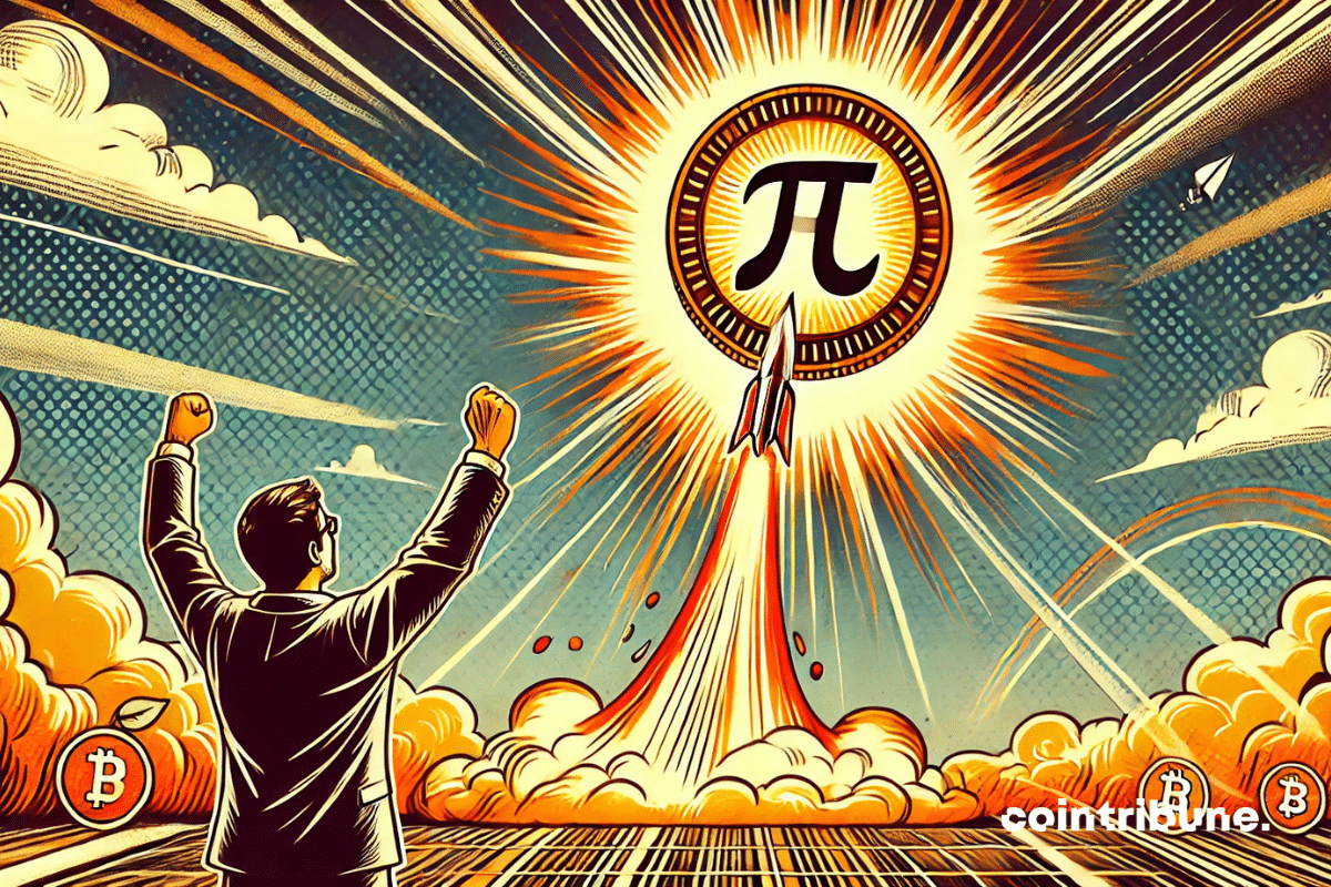 ¡La criptomoneda Pi (PI) despegando como un cohete, simbolizando su explosión de valor!