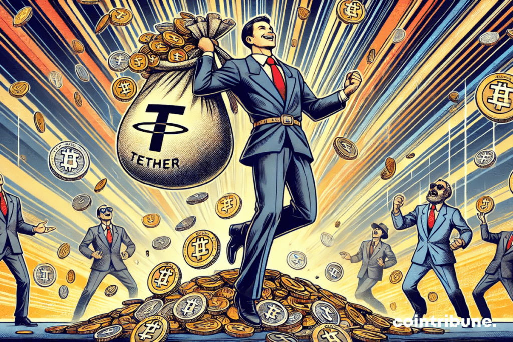 Crypto : Tether sous une pluie de profits, avec un homme d'affaires rayonnant collectant des pièces USDT tandis que d'autres stablecoins tentent en vain d’en attraper.