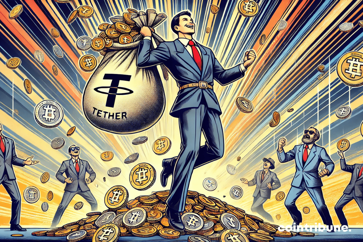 Crypto: Tether under a shower of profits, with a radiant businessman collecting USDT coins while other stablecoins try in vain to catch some.