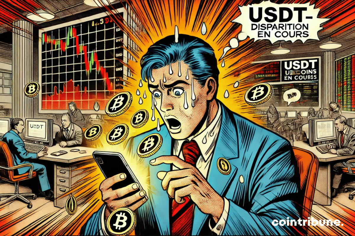 Crypto: A panicked trader watching USDT disappear before his eyes on Kraken, with a screen displaying "USDT - DISAPPEARING IN PROGRESS" in red.