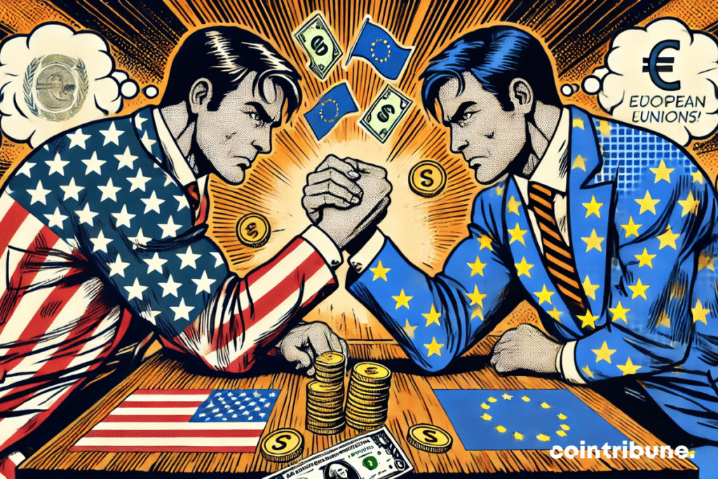 Two men in suits representing their respective flags in an intense arm-wrestling match, symbolizing the tax war between Trump and Europe.