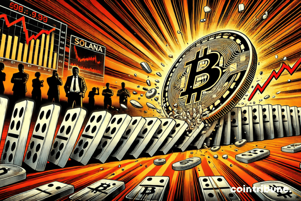 L'effet domino provoqué par Bitcoin, avec Solana sur le point de basculer ! L'ambiance dramatique et l'urgence de la chute sont bien mises en avant.