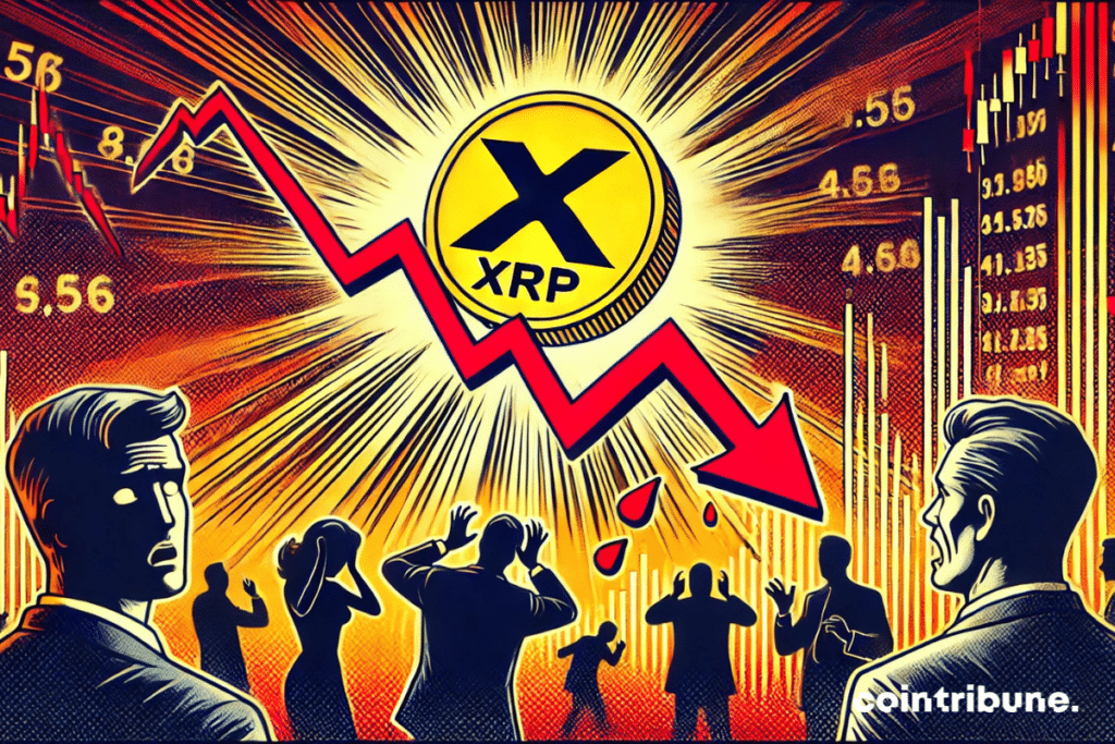 The XRP logo drops dramatically, accentuated by a sharply declining chart and panicked investors in the background. The atmosphere highlights the financial crisis and market anxiety.