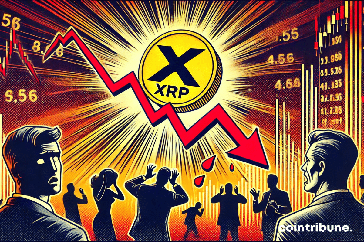 El logotipo de XRP cae drásticamente, acentuado por un gráfico en fuerte descenso y con inversores en pánico en el fondo. La atmósfera resalta la crisis financiera y la ansiedad de los mercados.