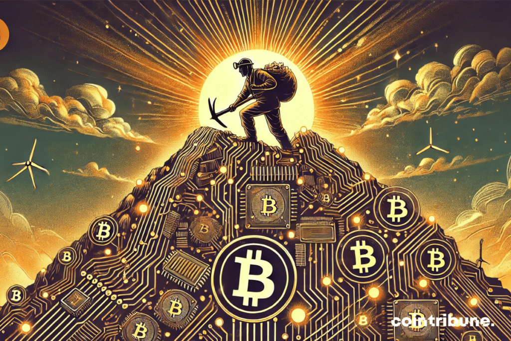 A futuristic miner atop a mountain of Bitcoin circuits, symbolizing the record-breaking rise in hashrate!